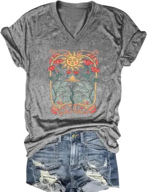 Women V Neck Sunflower Graphic Shirt Cute Dandelion Teen Girls Tee Tops Short Sleeve Cowgirls Casual T Shirts
