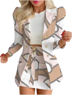 Women's 2 Piece Outfits Casual Solid Long Sleeve Suits Button Work Coat High Waist Blazer Jacket and Mini Skirt Set
