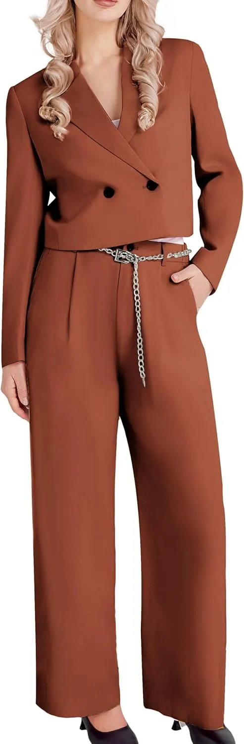 Women's 2 Pieces Suit Casual Outfits Double Breasted Blazer Jackets High Waisted Wide Leg Work Pants Suit Set