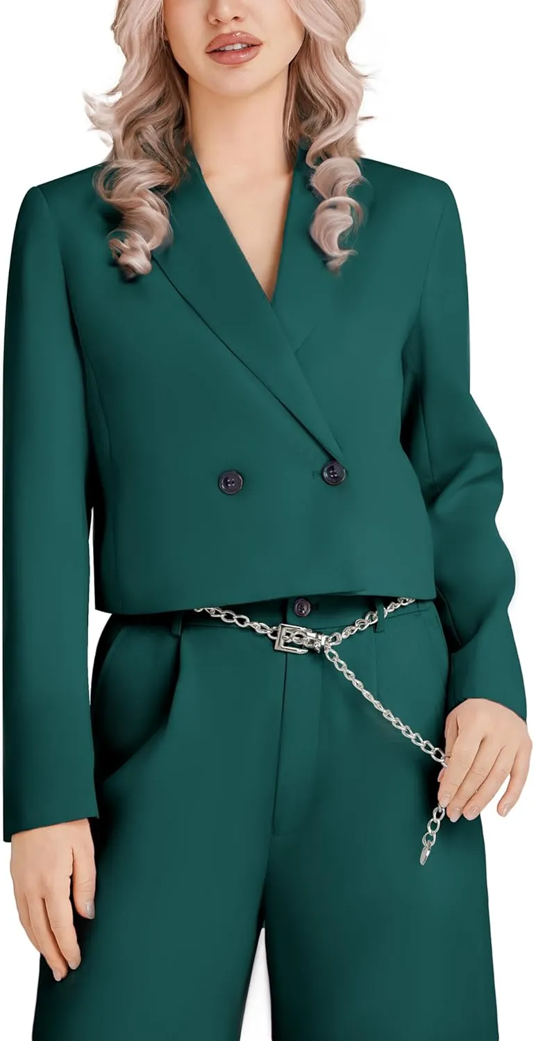 Women's 2 Pieces Suit Casual Outfits Double Breasted Blazer Jackets High Waisted Wide Leg Work Pants Suit Set