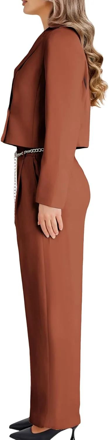 Women's 2 Pieces Suit Casual Outfits Double Breasted Blazer Jackets High Waisted Wide Leg Work Pants Suit Set