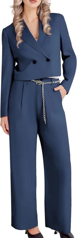 Women's 2 Pieces Suit Casual Outfits Double Breasted Blazer Jackets High Waisted Wide Leg Work Pants Suit Set