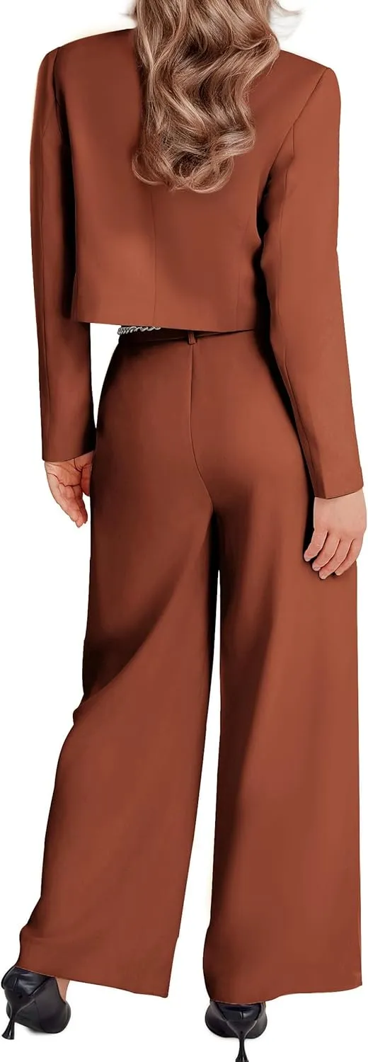Women's 2 Pieces Suit Casual Outfits Double Breasted Blazer Jackets High Waisted Wide Leg Work Pants Suit Set