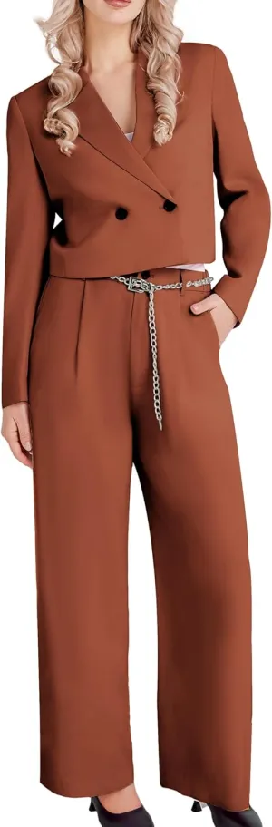 Women's 2 Pieces Suit Casual Outfits Double Breasted Blazer Jackets High Waisted Wide Leg Work Pants Suit Set