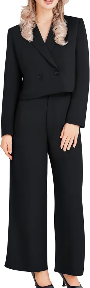 Women's 2 Pieces Suit Casual Outfits Double Breasted Blazer Jackets High Waisted Wide Leg Work Pants Suit Set