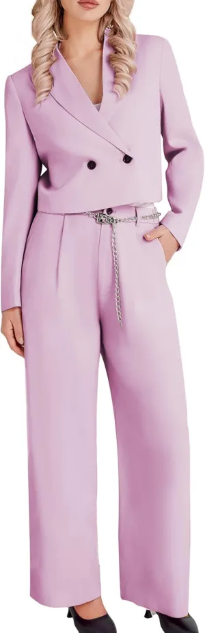 Women's 2 Pieces Suit Casual Outfits Double Breasted Blazer Jackets High Waisted Wide Leg Work Pants Suit Set