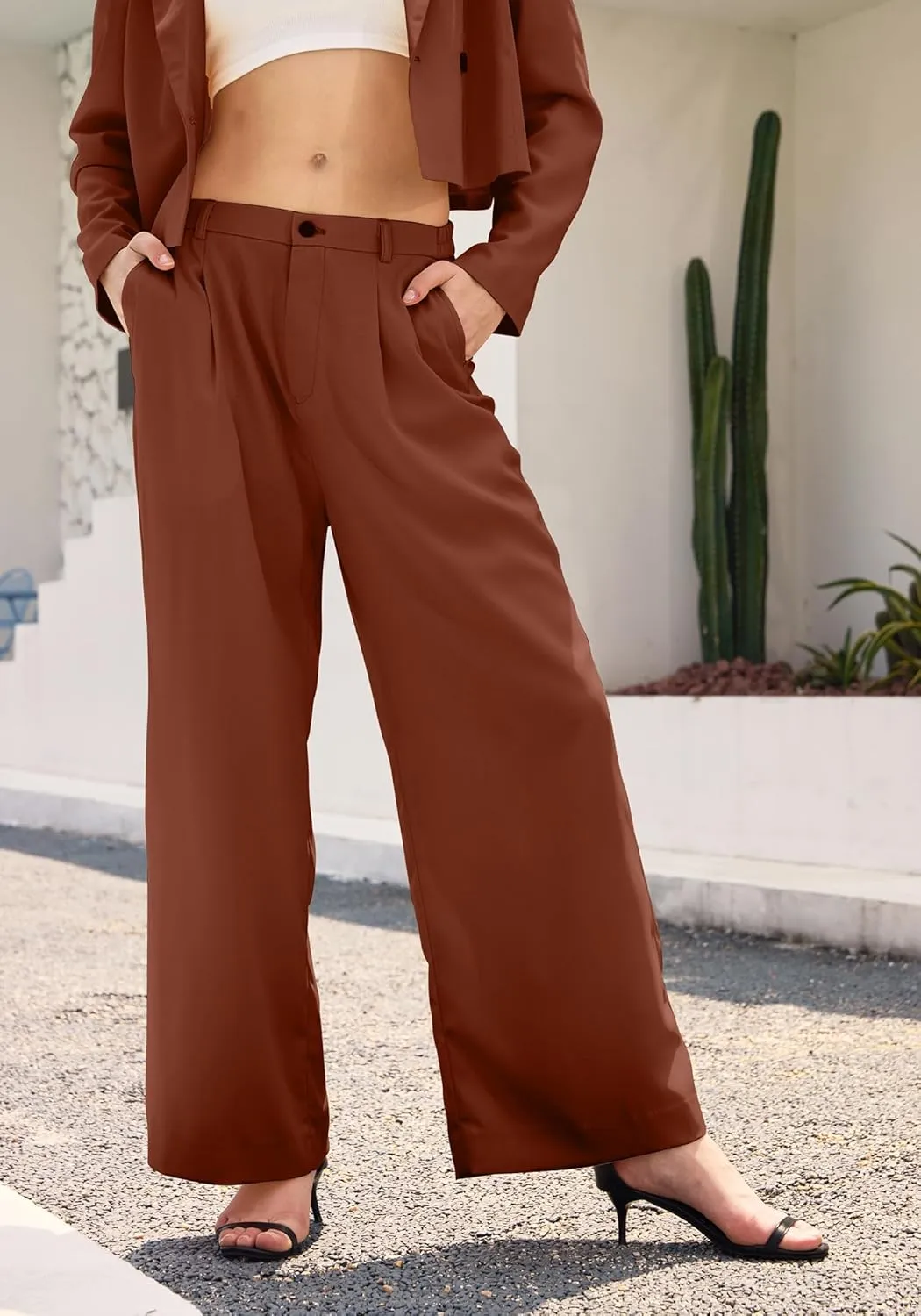 Women's 2 Pieces Suit Casual Outfits Double Breasted Blazer Jackets High Waisted Wide Leg Work Pants Suit Set