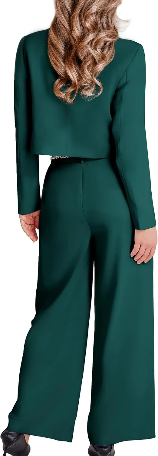 Women's 2 Pieces Suit Casual Outfits Double Breasted Blazer Jackets High Waisted Wide Leg Work Pants Suit Set
