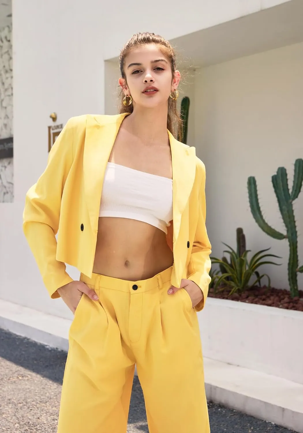 Women's 2 Pieces Suit Casual Outfits Double Breasted Blazer Jackets High Waisted Wide Leg Work Pants Suit Set
