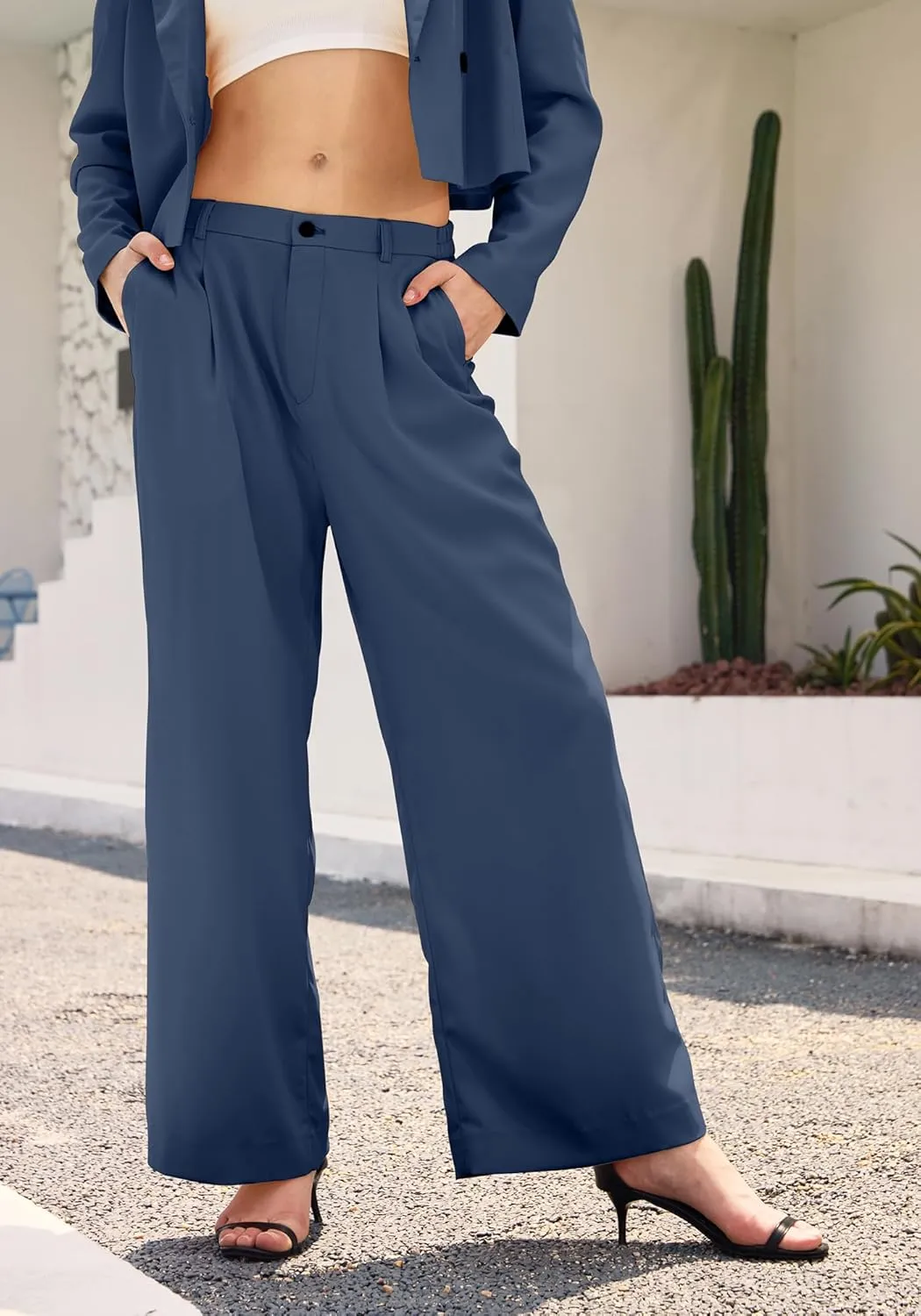 Women's 2 Pieces Suit Casual Outfits Double Breasted Blazer Jackets High Waisted Wide Leg Work Pants Suit Set