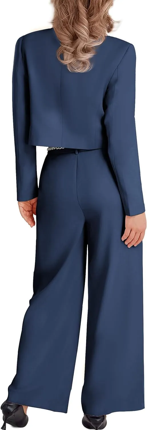 Women's 2 Pieces Suit Casual Outfits Double Breasted Blazer Jackets High Waisted Wide Leg Work Pants Suit Set
