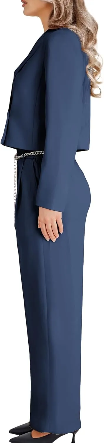 Women's 2 Pieces Suit Casual Outfits Double Breasted Blazer Jackets High Waisted Wide Leg Work Pants Suit Set