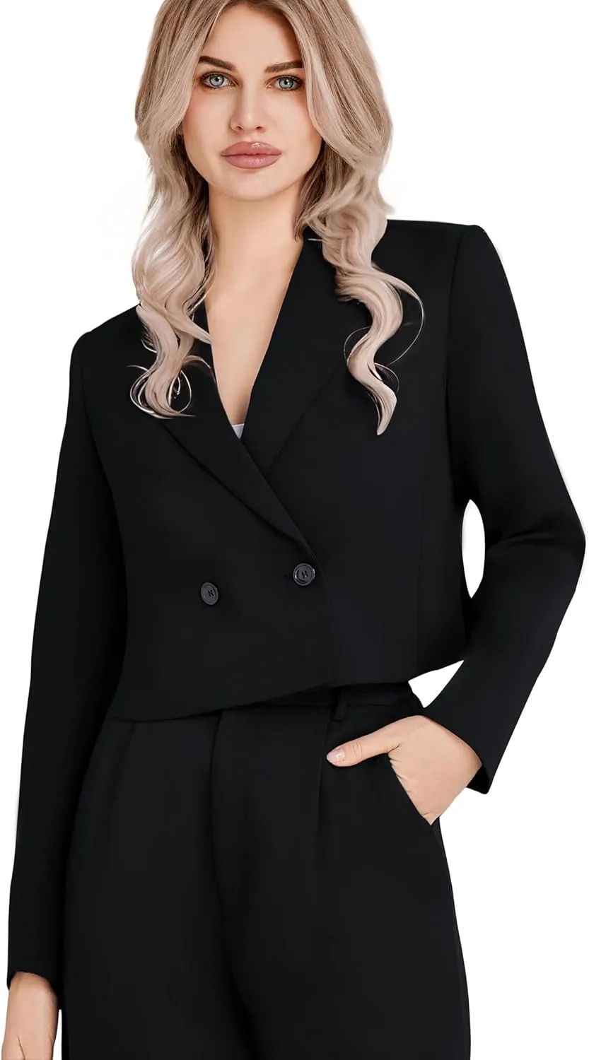 Women's 2 Pieces Suit Casual Outfits Double Breasted Blazer Jackets High Waisted Wide Leg Work Pants Suit Set