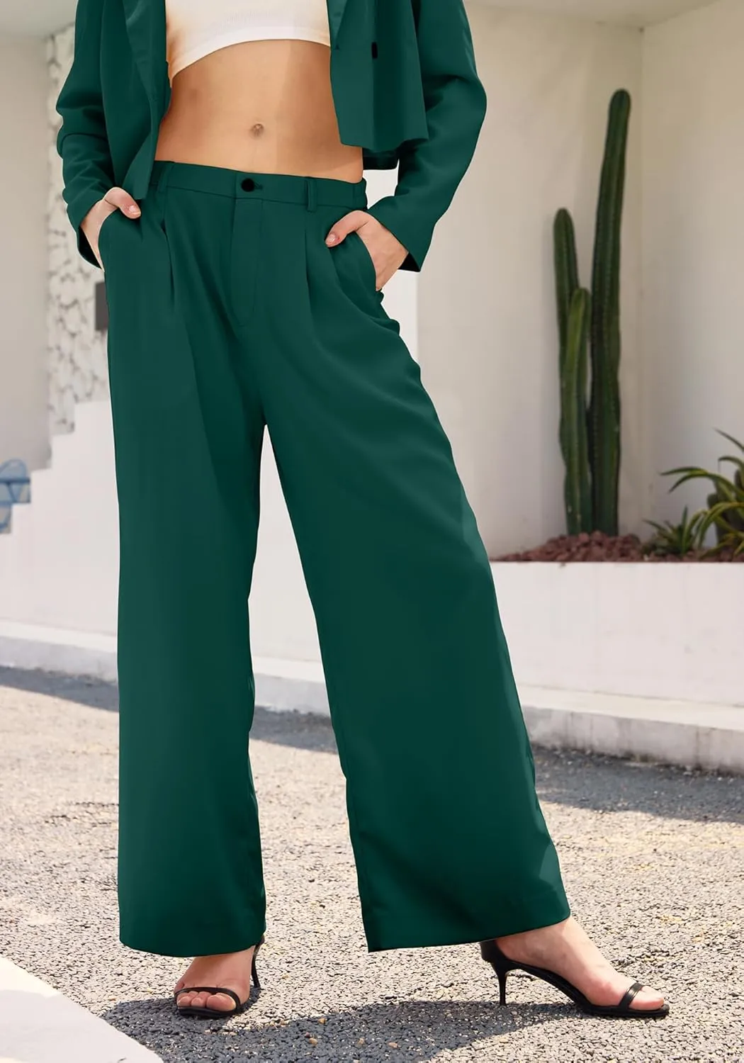 Women's 2 Pieces Suit Casual Outfits Double Breasted Blazer Jackets High Waisted Wide Leg Work Pants Suit Set