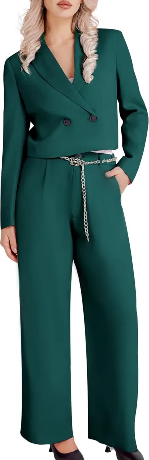 Women's 2 Pieces Suit Casual Outfits Double Breasted Blazer Jackets High Waisted Wide Leg Work Pants Suit Set
