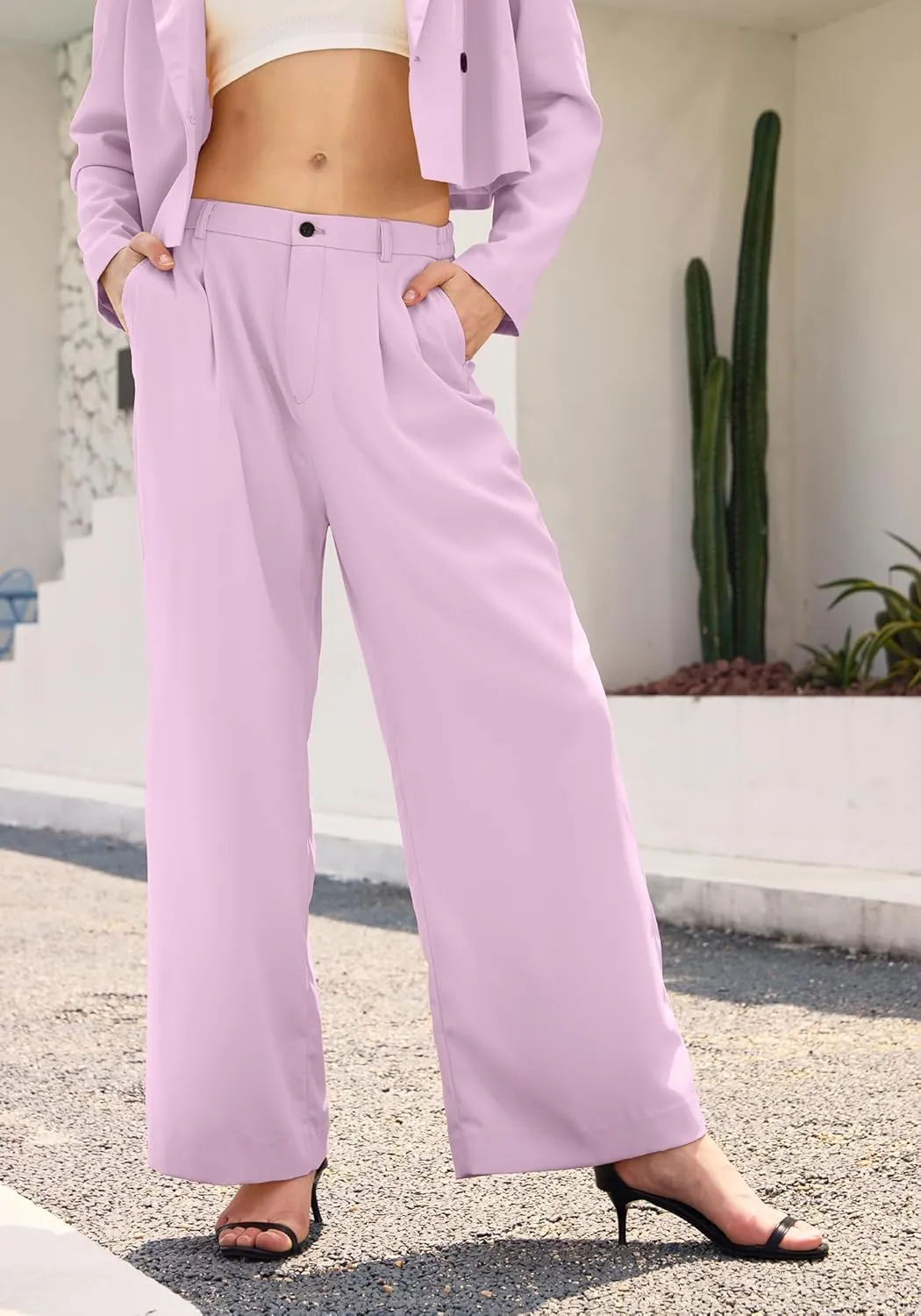 Women's 2 Pieces Suit Casual Outfits Double Breasted Blazer Jackets High Waisted Wide Leg Work Pants Suit Set