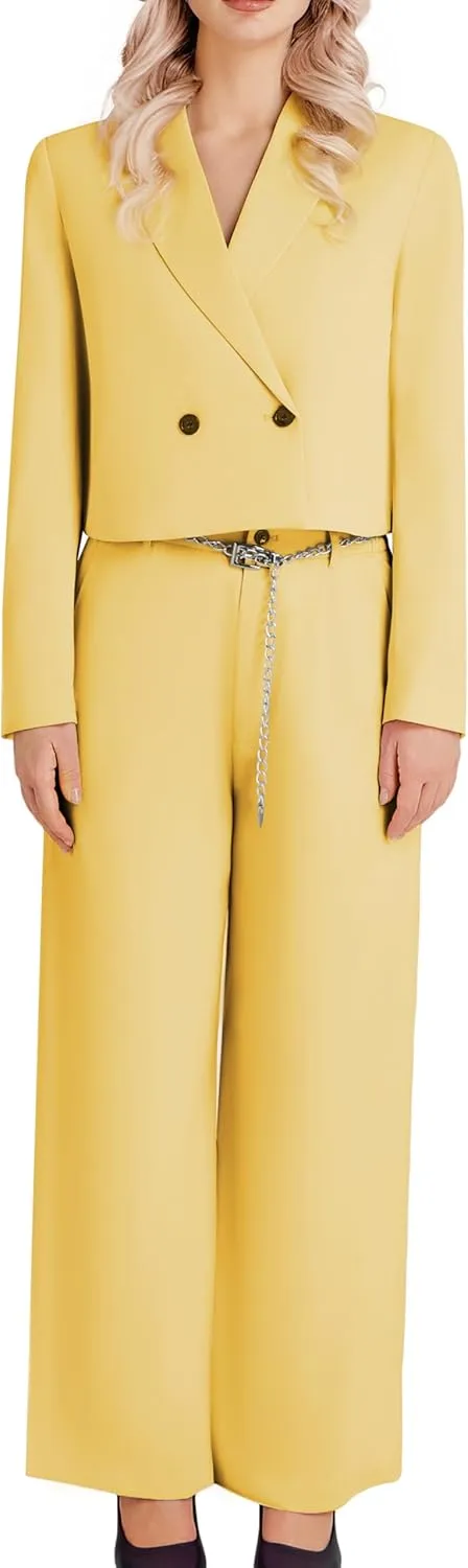 Women's 2 Pieces Suit Casual Outfits Double Breasted Blazer Jackets High Waisted Wide Leg Work Pants Suit Set