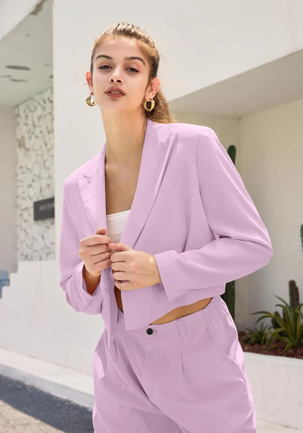 Women's 2 Pieces Suit Casual Outfits Double Breasted Blazer Jackets High Waisted Wide Leg Work Pants Suit Set