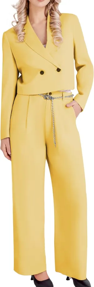 Women's 2 Pieces Suit Casual Outfits Double Breasted Blazer Jackets High Waisted Wide Leg Work Pants Suit Set
