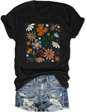 Women's Boho Flower T Shirt Vintage Flowers Printed Shirt Colorful Wildflower Graphic Tee Casual Botanical Short Sleeve