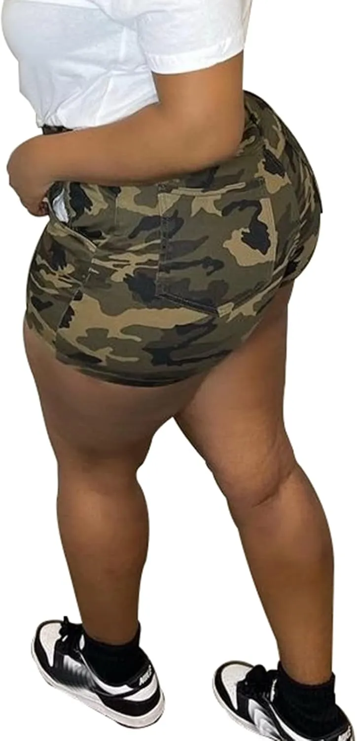 Women's Camo Cargo Shorts High Waisted Army Fatigue Shorts Camouflage Denim Short Pants Mid-Length