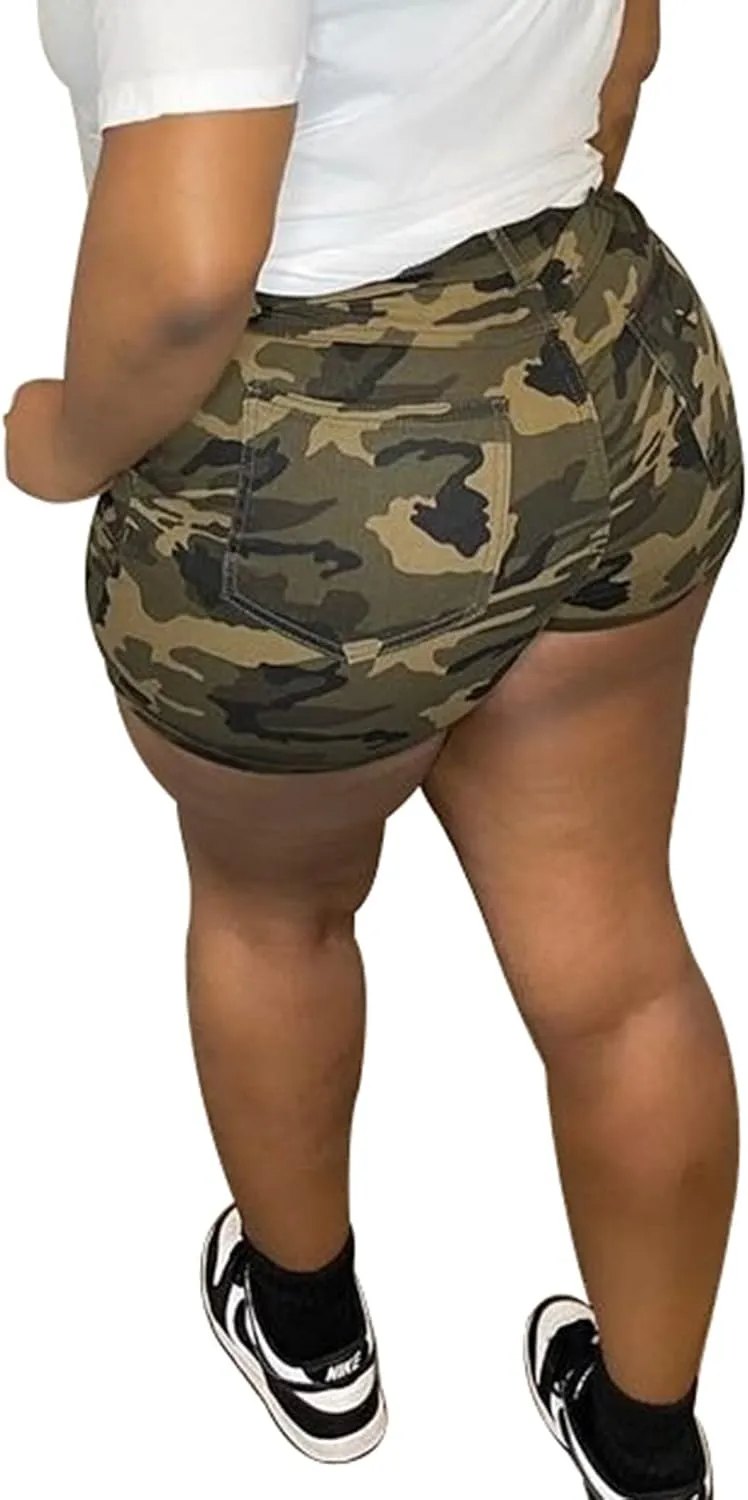 Women's Camo Cargo Shorts High Waisted Army Fatigue Shorts Camouflage Denim Short Pants Mid-Length