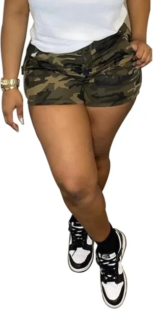 Women's Camo Cargo Shorts High Waisted Army Fatigue Shorts Camouflage Denim Short Pants Mid-Length
