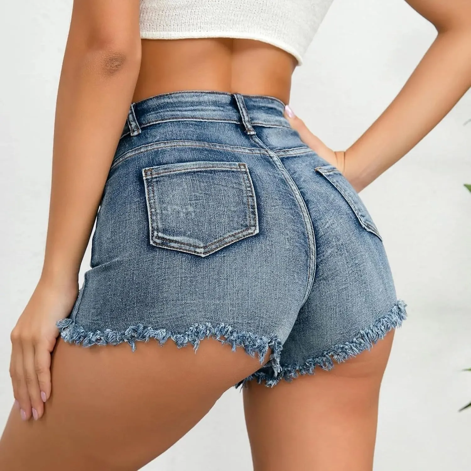 Women's Denim Shorts Mid Rise Ripped Distressed Jean Shorts Cut Off Stretchy Jeans Frayed Raw Hem Casual Short Pants