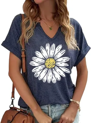 Womens Flowers V Neck Shirt Vintage Boho Floral Wildflowers Graphic Tees Casual Cottagecore Short Sleeve T Shirts