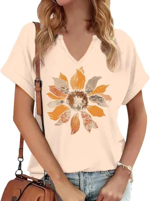 Womens Flowers V Neck Shirt Vintage Boho Floral Wildflowers Graphic Tees Casual Cottagecore Short Sleeve T Shirts