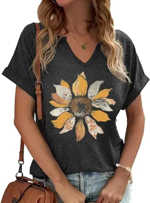 Womens Flowers V Neck Shirt Vintage Boho Floral Wildflowers Graphic Tees Casual Cottagecore Short Sleeve T Shirts