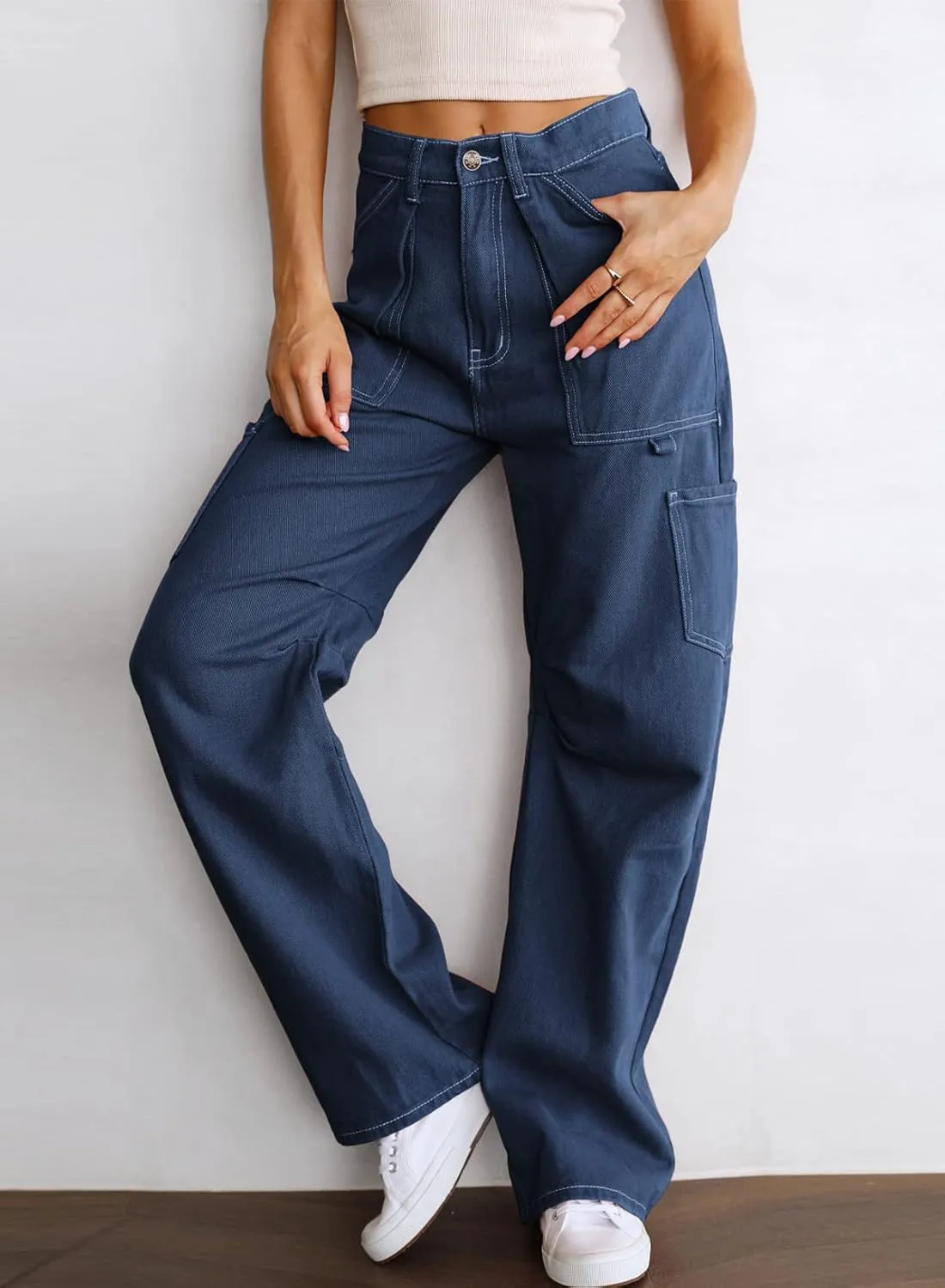 Women's High Waist Baggy Cargo Jeans Flap Pocket Relaxed Fit Straight Wide Leg Y2K Fashion Cargo Pants Boyfriend Jeans