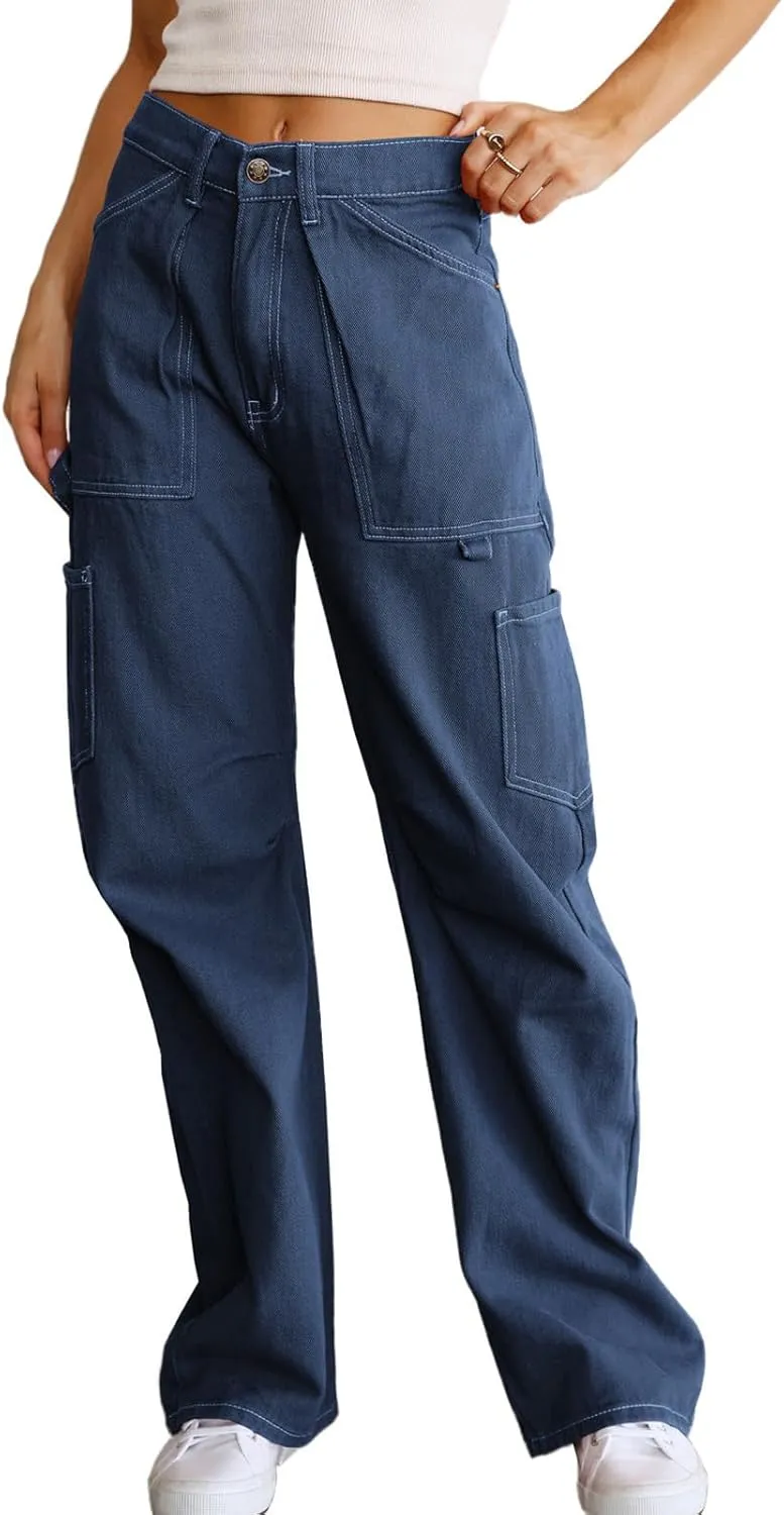 Women's High Waist Baggy Cargo Jeans Flap Pocket Relaxed Fit Straight Wide Leg Y2K Fashion Cargo Pants Boyfriend Jeans