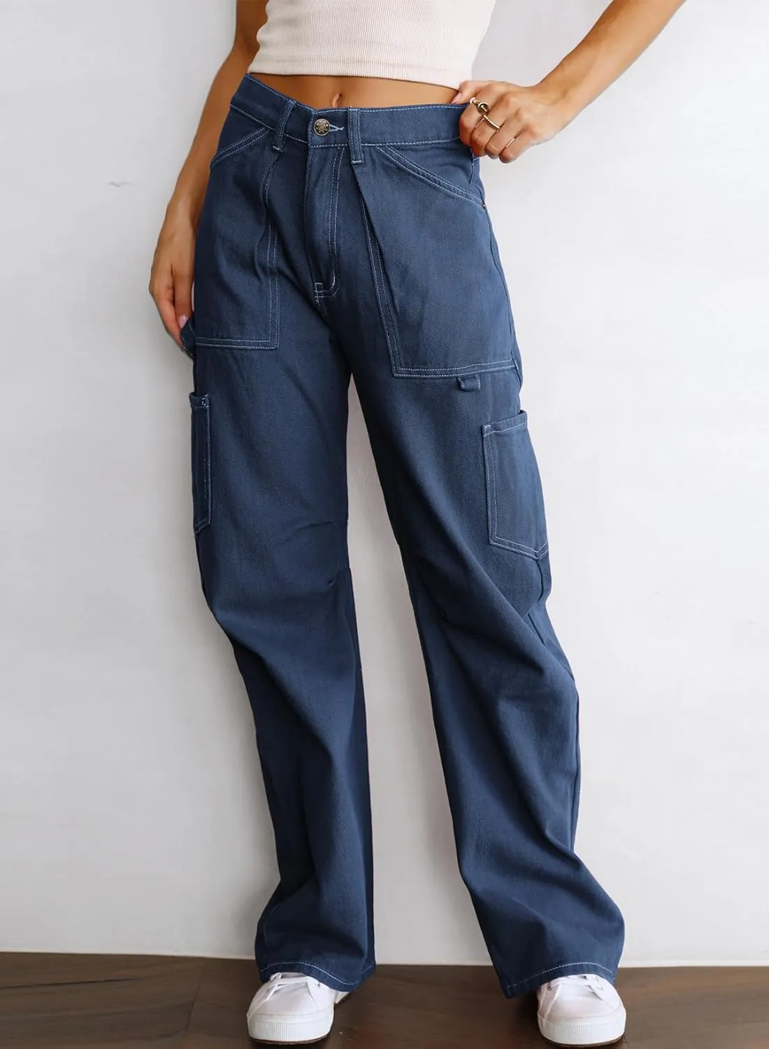 Women's High Waist Baggy Cargo Jeans Flap Pocket Relaxed Fit Straight Wide Leg Y2K Fashion Cargo Pants Boyfriend Jeans