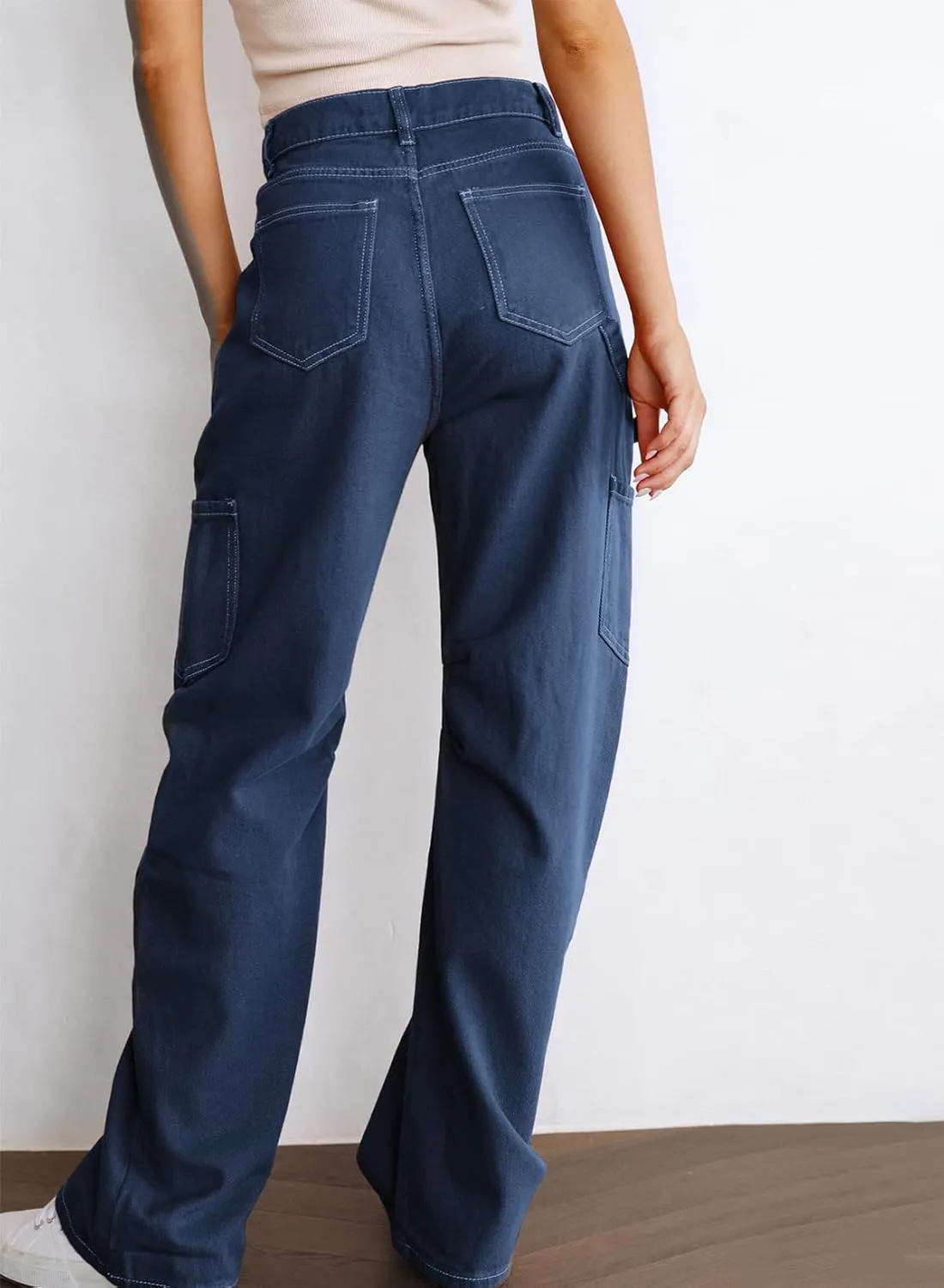 Women's High Waist Baggy Cargo Jeans Flap Pocket Relaxed Fit Straight Wide Leg Y2K Fashion Cargo Pants Boyfriend Jeans
