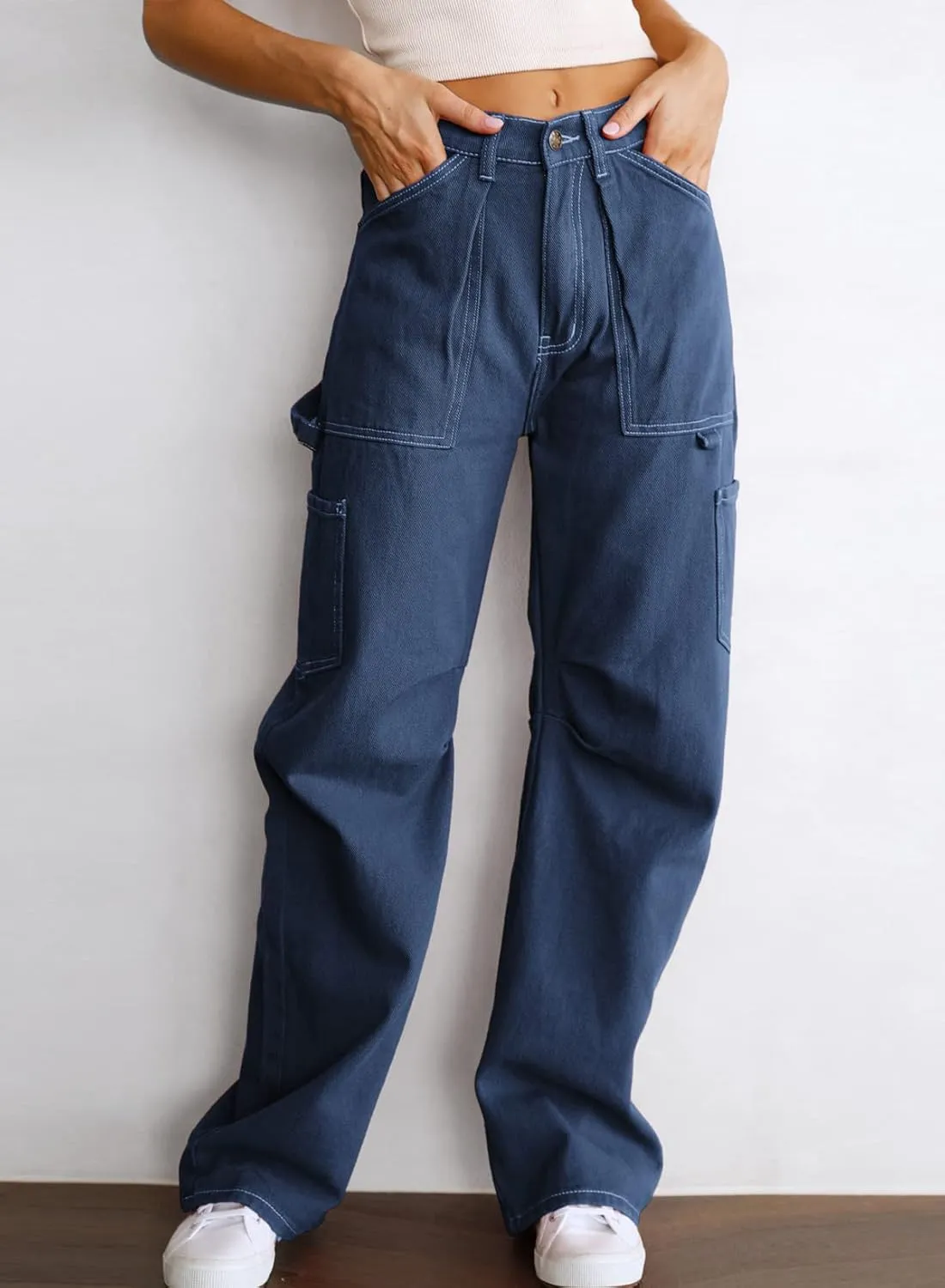 Women's High Waist Baggy Cargo Jeans Flap Pocket Relaxed Fit Straight Wide Leg Y2K Fashion Cargo Pants Boyfriend Jeans