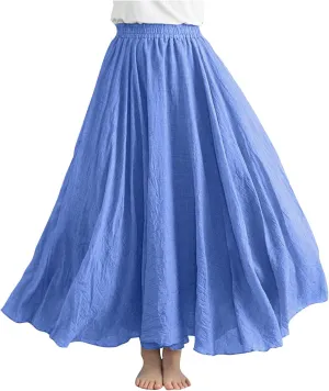 Womens Linen Maxi Skirts Summer Boho Solid Beach Elastic High Waist Pleated A-Line Flowy Swing Long Maxi Skirts