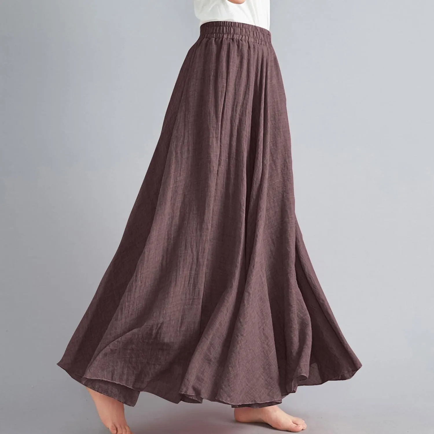 Womens Linen Maxi Skirts Summer Boho Solid Beach Elastic High Waist Pleated A-Line Flowy Swing Long Maxi Skirts