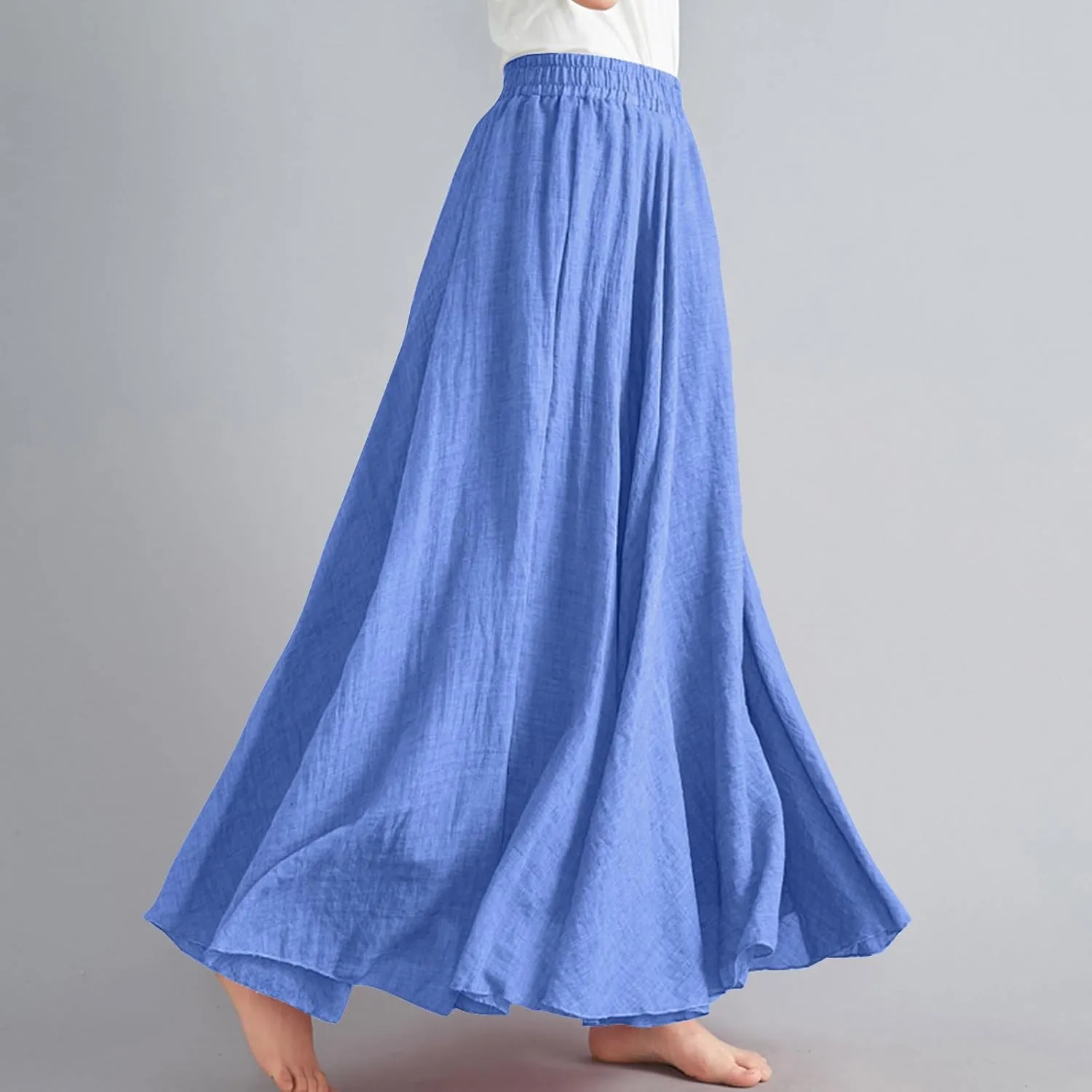 Womens Linen Maxi Skirts Summer Boho Solid Beach Elastic High Waist Pleated A-Line Flowy Swing Long Maxi Skirts