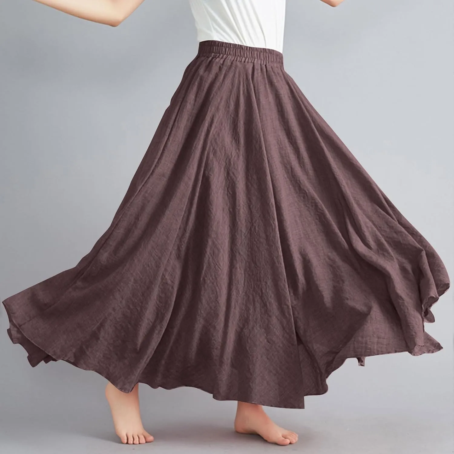 Womens Linen Maxi Skirts Summer Boho Solid Beach Elastic High Waist Pleated A-Line Flowy Swing Long Maxi Skirts