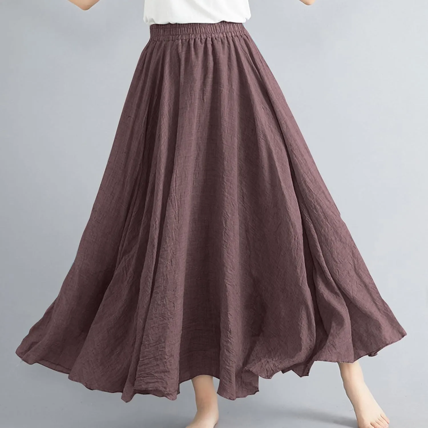 Womens Linen Maxi Skirts Summer Boho Solid Beach Elastic High Waist Pleated A-Line Flowy Swing Long Maxi Skirts