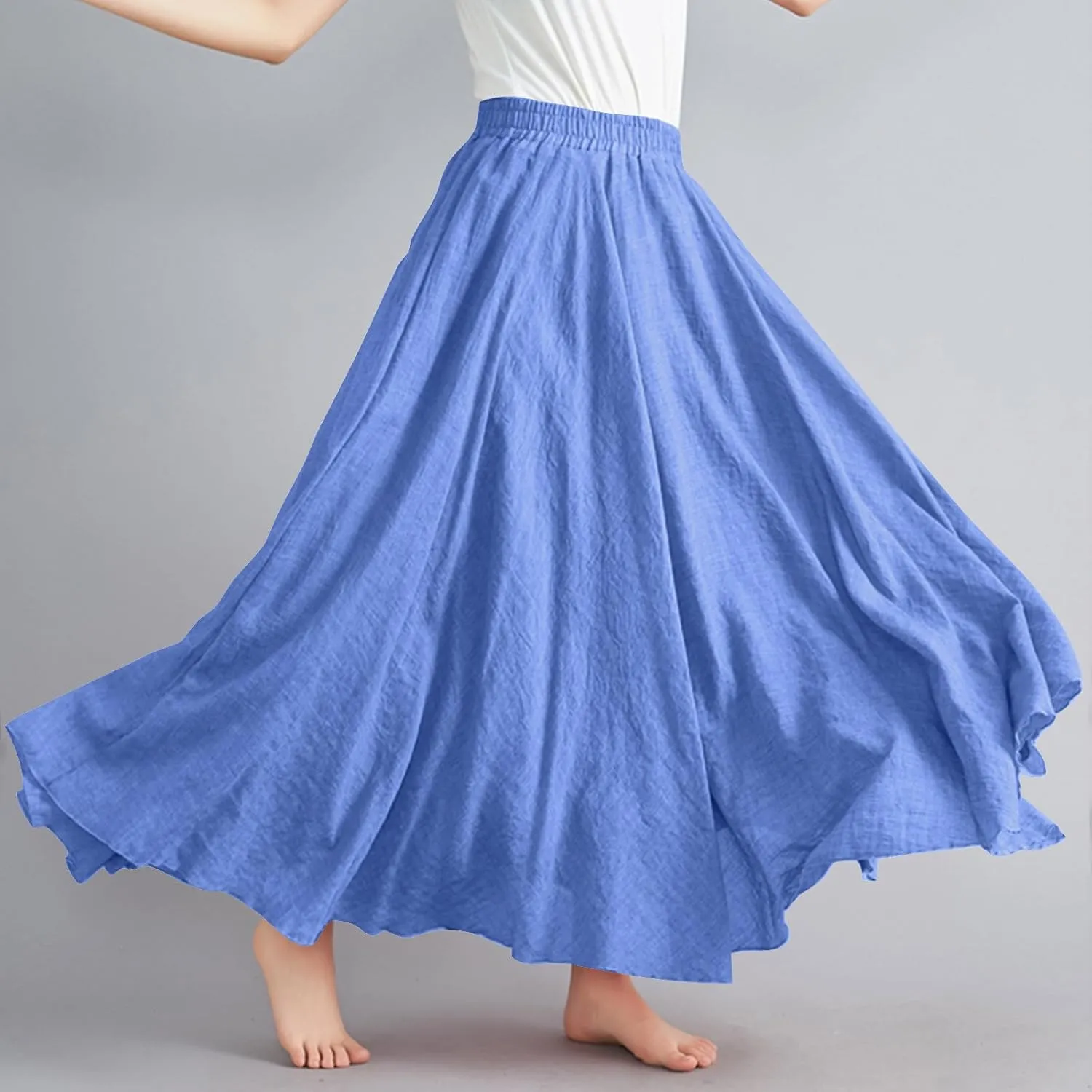 Womens Linen Maxi Skirts Summer Boho Solid Beach Elastic High Waist Pleated A-Line Flowy Swing Long Maxi Skirts