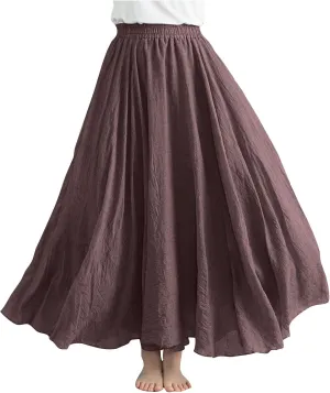 Womens Linen Maxi Skirts Summer Boho Solid Beach Elastic High Waist Pleated A-Line Flowy Swing Long Maxi Skirts