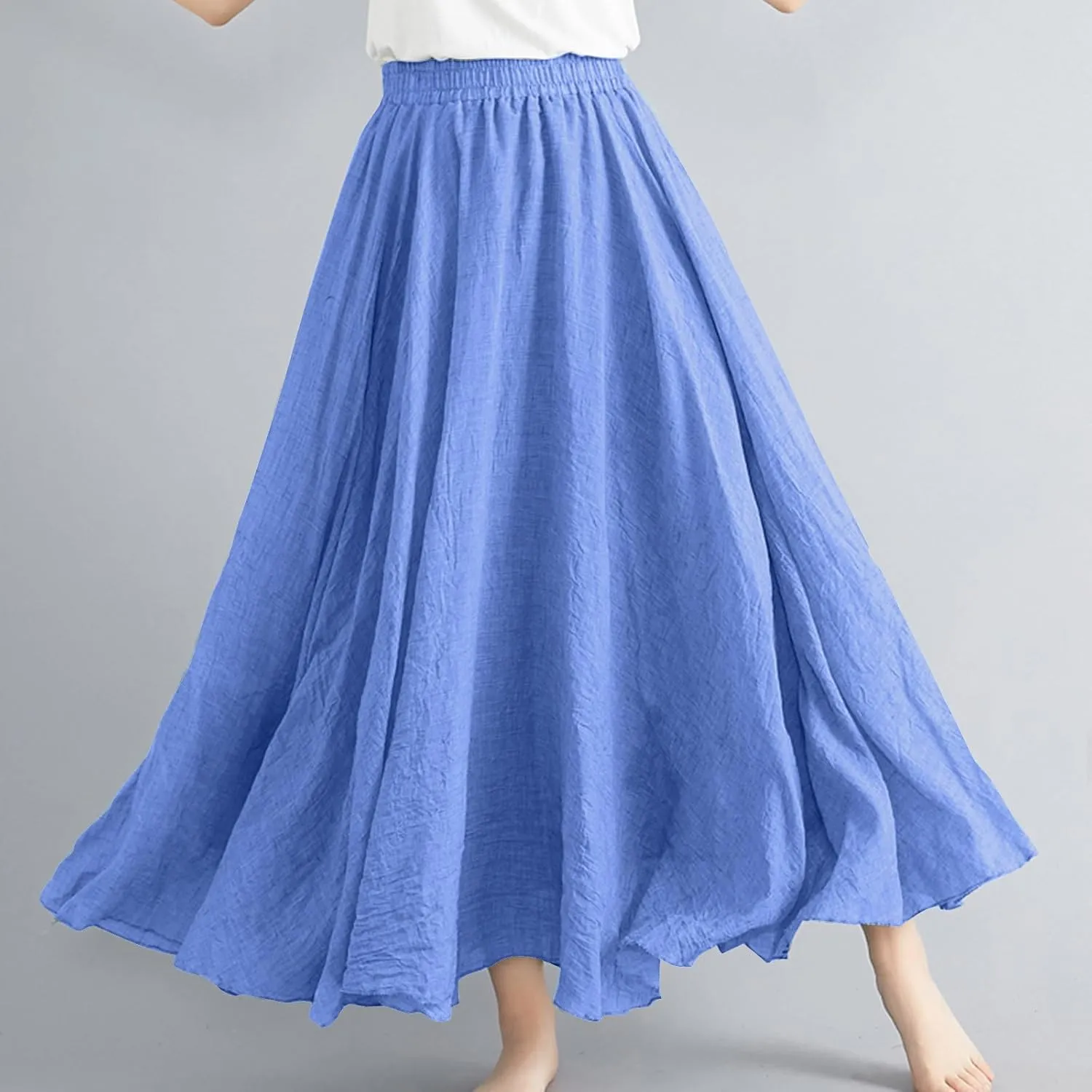 Womens Linen Maxi Skirts Summer Boho Solid Beach Elastic High Waist Pleated A-Line Flowy Swing Long Maxi Skirts