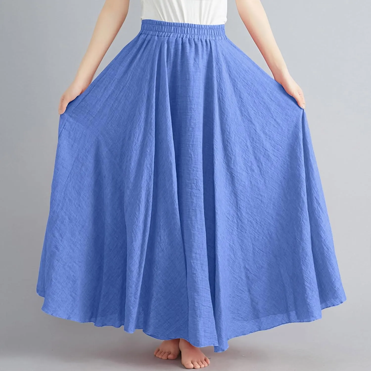 Womens Linen Maxi Skirts Summer Boho Solid Beach Elastic High Waist Pleated A-Line Flowy Swing Long Maxi Skirts