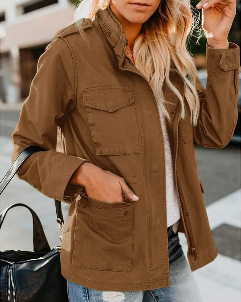 Womens Military Anorak Jacket 2024 Fall Zip Up Snap Button Parka Safari Utility Coat Outwear with Pockets