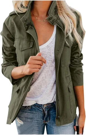 Womens Military Anorak Jacket 2024 Fall Zip Up Snap Button Parka Safari Utility Coat Outwear with Pockets