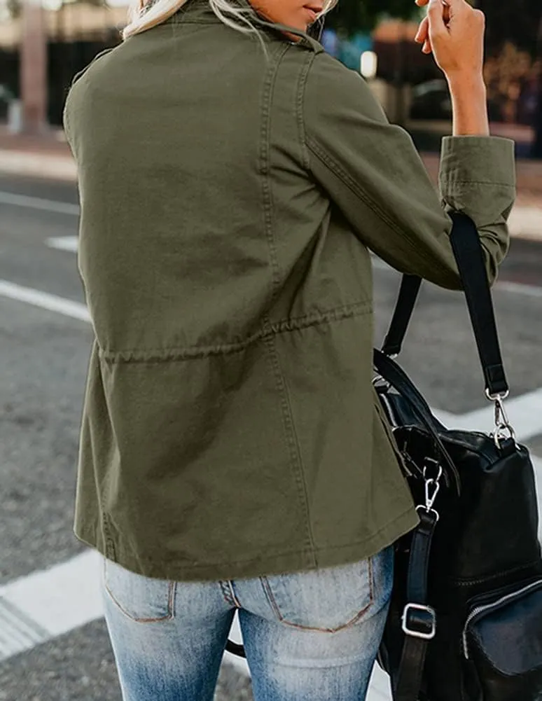 Womens Military Anorak Jacket 2024 Fall Zip Up Snap Button Parka Safari Utility Coat Outwear with Pockets