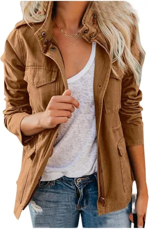 Womens Military Anorak Jacket 2024 Fall Zip Up Snap Button Parka Safari Utility Coat Outwear with Pockets