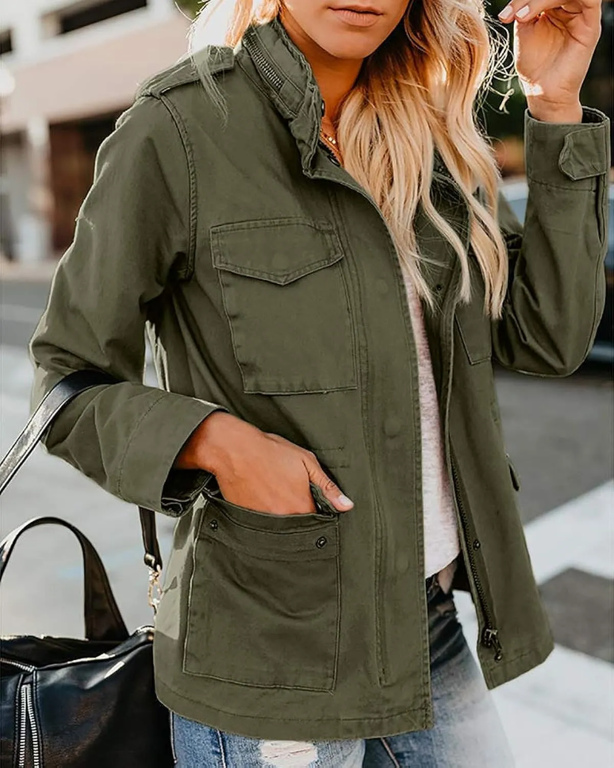 Womens Military Anorak Jacket 2024 Fall Zip Up Snap Button Parka Safari Utility Coat Outwear with Pockets